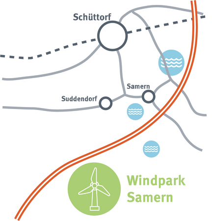 Zeichnung Kartenausschnitt Windpark Samern